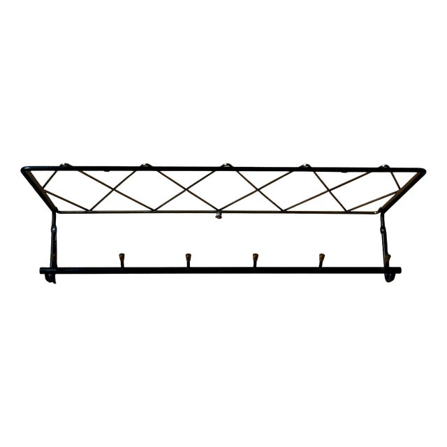 Vintage Wall-Mounted Coat Rack in Black Metal and Brass, 1950s For Sale