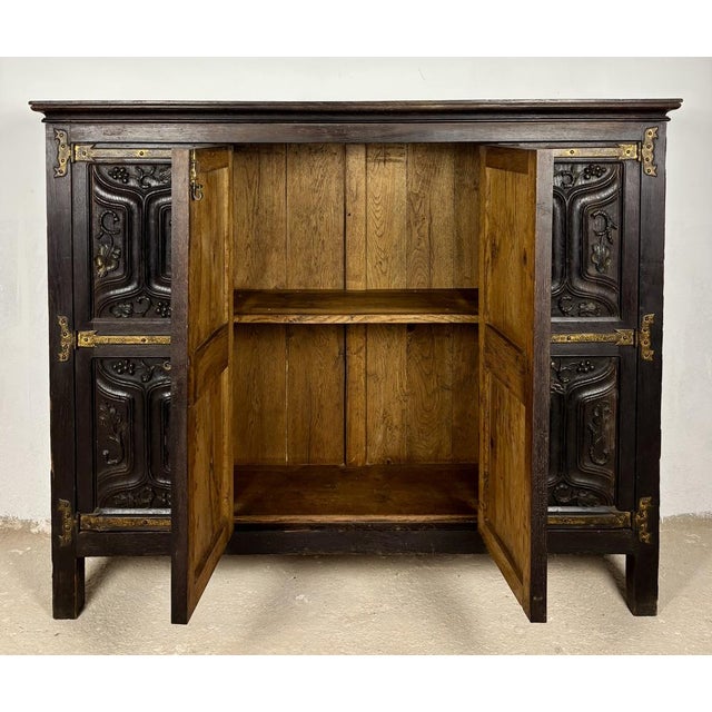 Spanish Baroque Style Carved Oak Sideboard with Iron Hardware, 1890s For Sale - Image 6 of 13