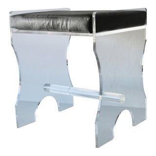 1970s Postmodern Minimalist Lucite Vanity Bench Stool Removable Cushion For Sale