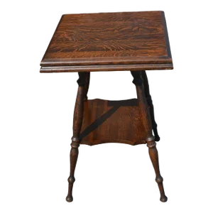1910s Antique Victorian Tiger or Quarter Sawn Dark Oak Square 2 Tier Side Accent Table