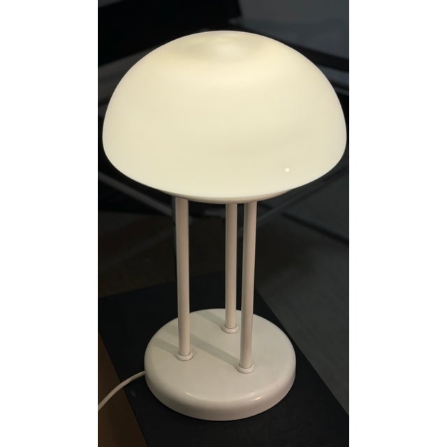 Vintage Mushroom Tripod Table Lamp in Opaline Glass and White Steel, 1970s For Sale - Image 4 of 11