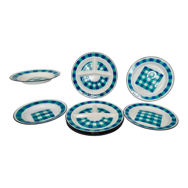 Mid Century Vintage Enamelware Plates Bowls Geometric Blue & Teal Green Pattern - Lot of 12 For Sale