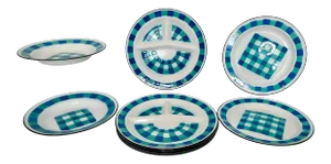 Mid Century Vintage Enamelware Plates Bowls Geometric Blue & Teal Green Pattern - Lot of 12