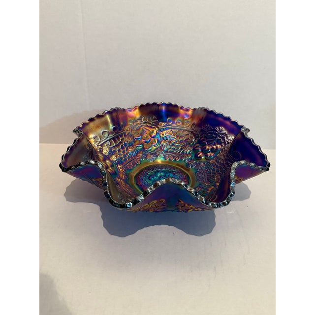 1990s Fenton Cobalt Blue Marigold Carnival Glass Cherry Chain Scalloped Bowl For Sale - Image 5 of 11