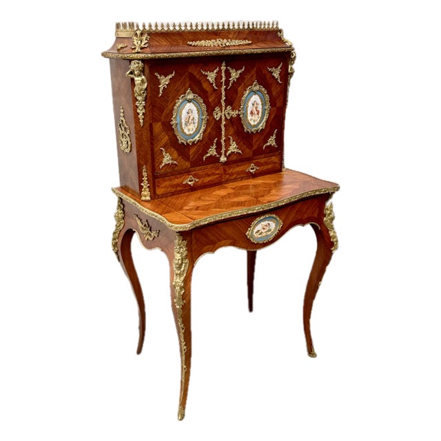 Antique French Louis XV Style Inlaid King Wood Ladies Writing Desk For Sale