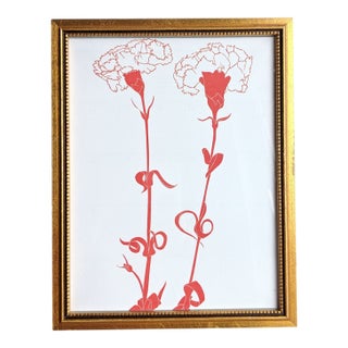 Vintage Henry Evans Botanical Red Carnation Flowers Linocut Art Framed For Sale