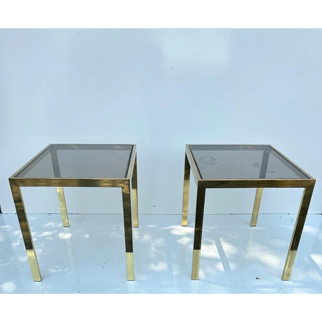 Mid-Century Modern Milo Baughman Style Side Brass and Smoke glass side table - A Pair For Sale - Image 3 of 10