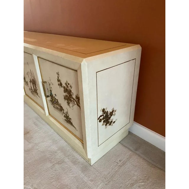 Wood 1960s Modern Brass & Handpainted Asian Scene Sideboard For Sale - Image 7 of 9