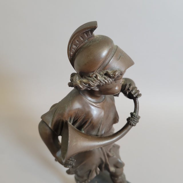 Metal Grand Tour Revival Bronze Boy With Horn on Marble Base For Sale - Image 7 of 9