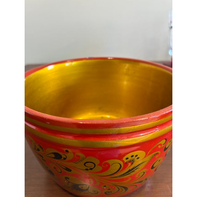 Red Vintage Hand Painted Folk Art Wooden Bowl For Sale - Image 8 of 9
