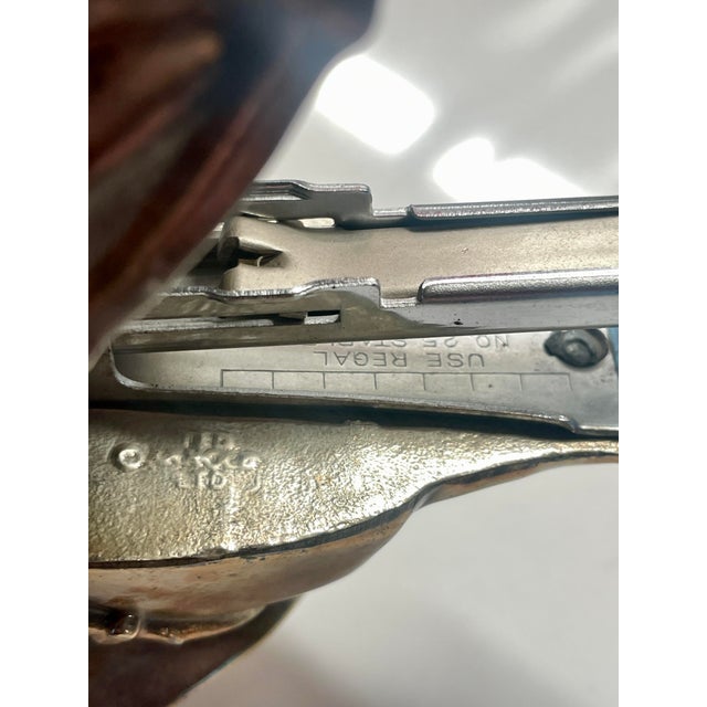 Vintage Ted Arnold Ltd. Brass Washed Horse Head Stapler on Walnut Stand For Sale - Image 11 of 12