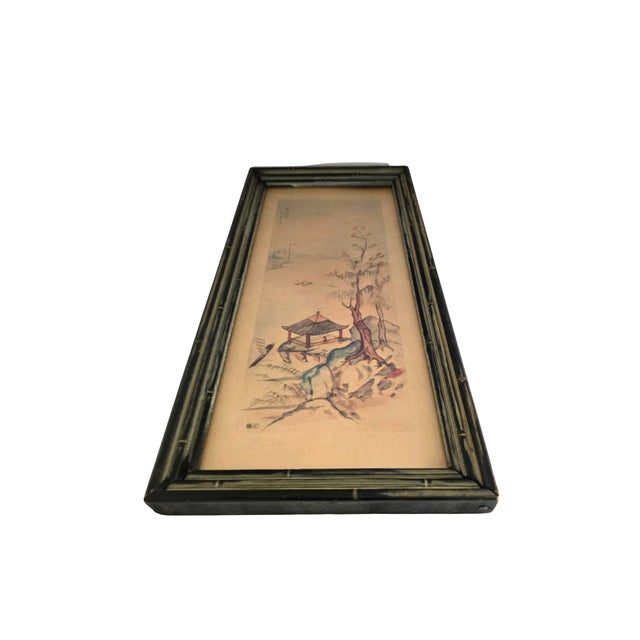 Chinese Pair of Mid-Century Antique Japanese Landscape Watercolors - Ebonized Bamboo Framed For Sale - Image 3 of 15