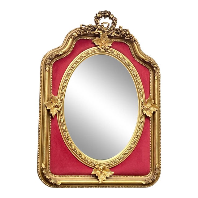 Gold Mid-20th French Louis XVI Gold Velvet Wood Wall Mirror For Sale - Image 8 of 14