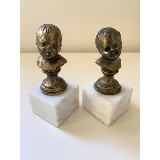 Mid 20th Century Vintage Brass & Marble Child Busts Bookends - a Pair For Sale - Image 5 of 11