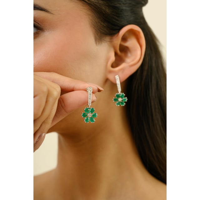 Art Nouveau VRJewels 3.33Ct Emerald & Diamond Floral Drop Earrings in 18k Solid White Gold- 2 Pieces For Sale - Image 3 of 11