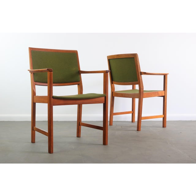 Mid-Century Modern Skaraborgs Mobelindustri Teak and Original Green Knit Fabric Arm Chairs Captain's Chairs - a Pair For Sale - Image 3 of 7