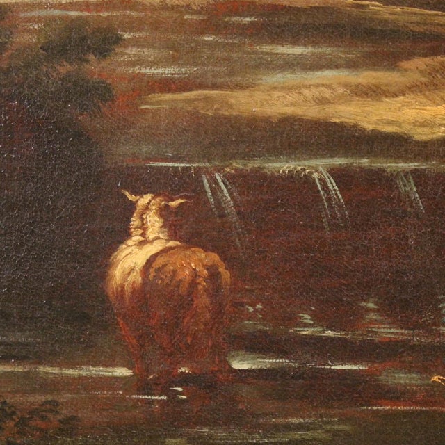 Roman School of the 17th Century, Landscape with Pastoral Scene, 1680, Oil on Canvas For Sale - Image 8 of 16