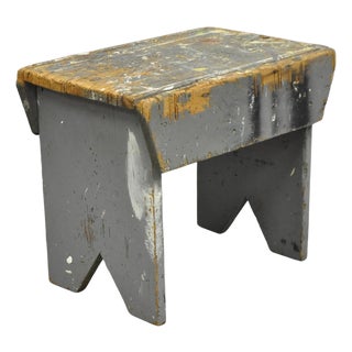 Early 20th Century Antique French Country Primitive Gray Painted Paint Splattered Work Bench Stool For Sale
