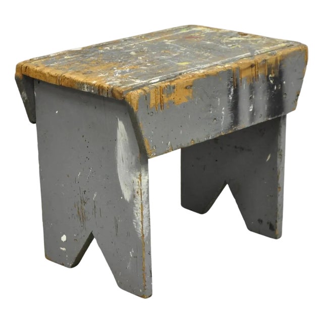 Early 20th Century Antique French Country Primitive Gray Painted Paint Splattered Work Bench Stool For Sale