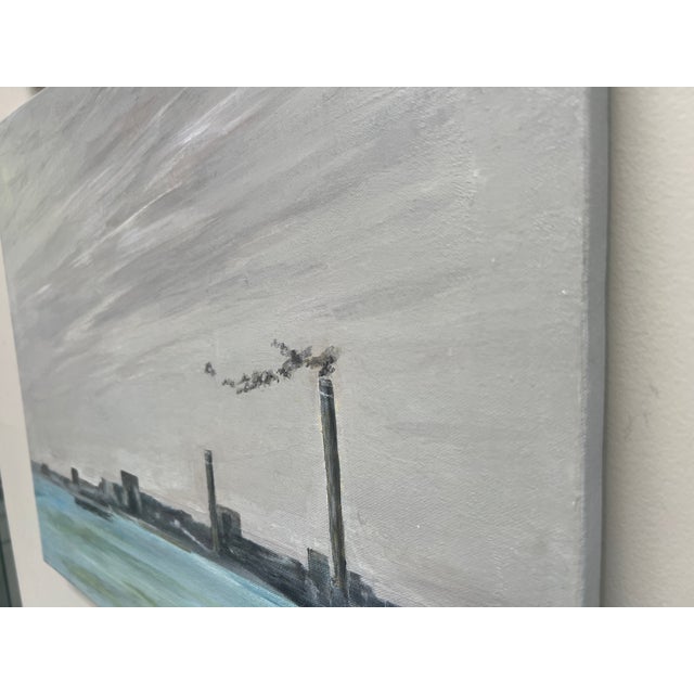 Impressionist "Industrial Waterfront" Contemporary Cityscape Painting in Gray and Aqua by Mill Valley Artist Mary Anne McKernie For Sale - Image 3 of 10
