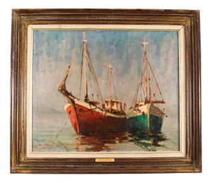 Harold Edward Collin, Fishing Boats, 1960s, Vintage Oil Painting, Framed