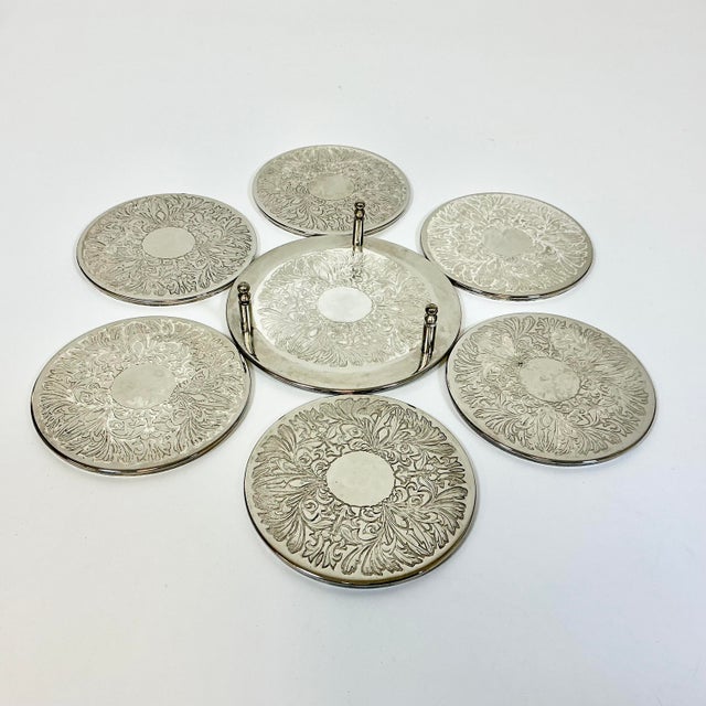 Mid 20th Century Mid 20th Century Hollywood Regency Chippendale Silver Plate Acanthus Leaf Coasters - Set of 7. For Sale - Image 5 of 14