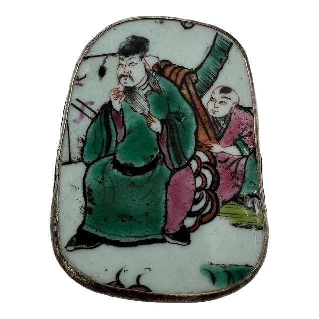1960s Vintage Chinese Hand Painted Figure Porcelain Chard Embossed Silver Trinket Box For Sale