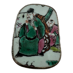 1960s Vintage Chinese Hand Painted Figure Porcelain Chard Embossed Silver Trinket Box