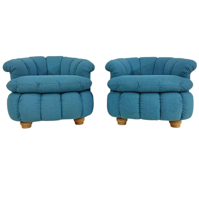1980s Post Modern Biscuit Tufted Pair Turquoise Lounge Chairs, 1980 For Sale - Image 5 of 9