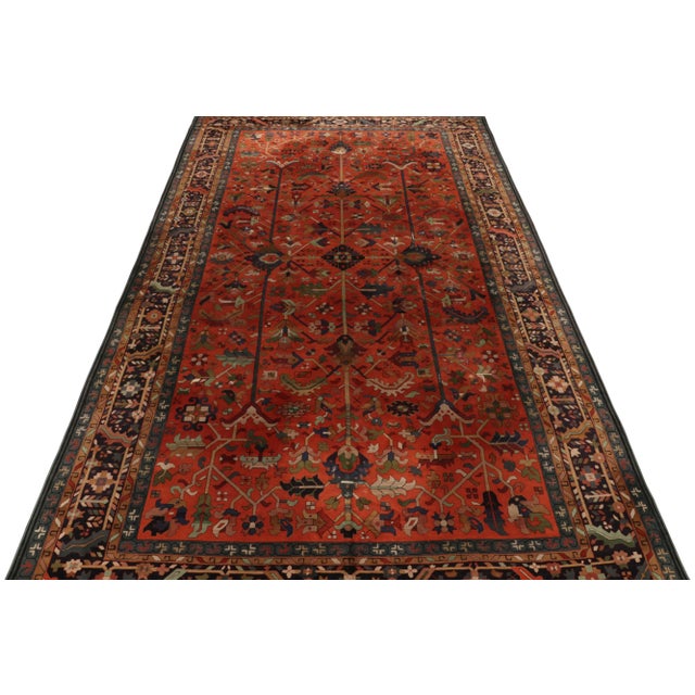 Traditional Rare Antique Hooked Rug in Orange With Blue and Beige-Brown Floral Patterns For Sale - Image 3 of 8