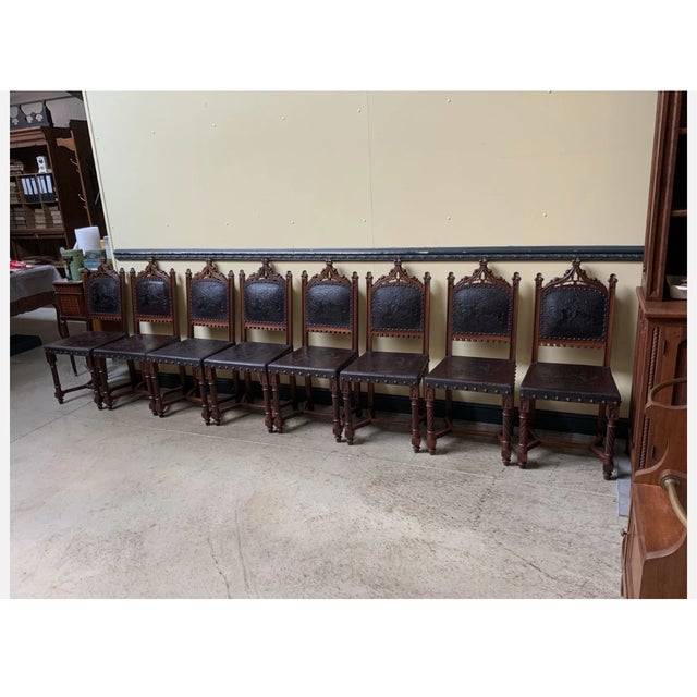 Brown Antique Neo-Gothic Dining Set with Extendable Table and Chairs, 1880, Set of 9 For Sale - Image 8 of 15