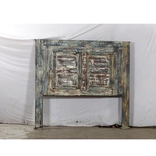 2020s Queen Size Headboard Made From an Antique Indian Painted Teakwood Window and Pillars For Sale - Image 5 of 5