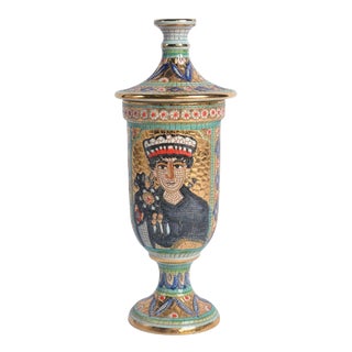 Vintage Gialetti Deruta Italian 24kt Gold Plated Hand Painted Mosaic Byzantine Style Pitcher For Sale