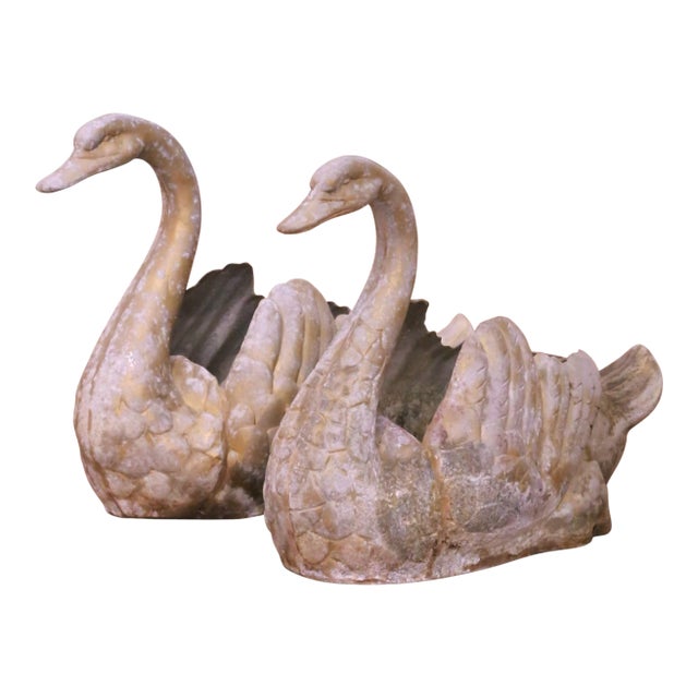 Pair of Mid-Century French Cast Metal Swan Garden Planters With Patina and Gilt For Sale