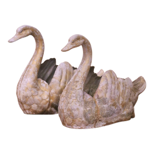 Pair of Mid-Century French Cast Metal Swan Garden Planters With Patina and Gilt
