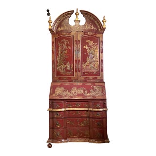 Elegant Red Chinoiserie Hand Painted Secretary Desk For Sale