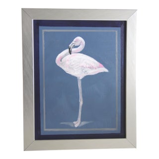 White Flamingo Bird Blue White Navy Gray Minimalism Americana Folk Art Original Oil Painting Cleo Plowden For Sale