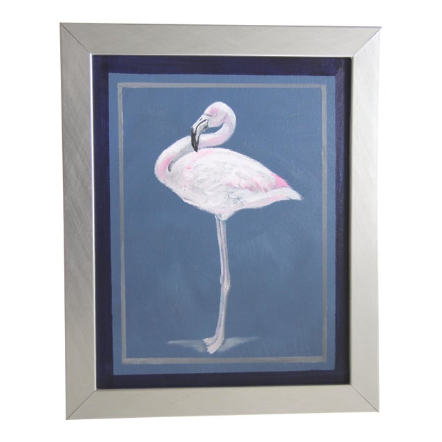 White Flamingo Bird Blue White Navy Gray Minimalism Americana Folk Art Original Oil Painting Cleo Plowden For Sale
