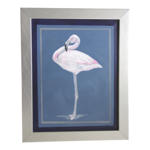 White Flamingo Bird Blue White Navy Gray Minimalism Americana Folk Art Original Oil Painting Cleo Plowden