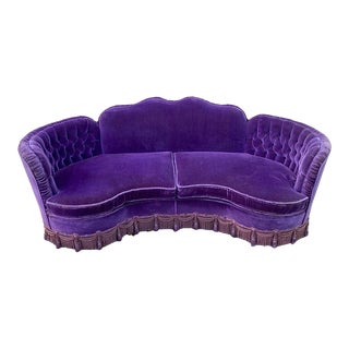 1960s Vintage Hollywood Regency Custom Purple Mohair Serpentine Tassel Skirted Sofa For Sale