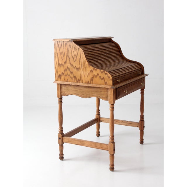 Vintage Oak Roll Top Secretary Desk For Sale - Image 13 of 17