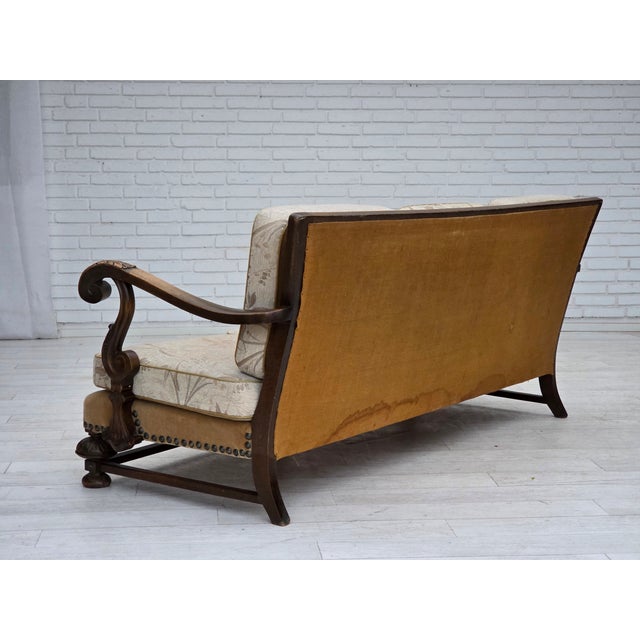 Vintage Danish Three-Seater Sofa in Furniture Fabric and Carved Oak, 1950s For Sale - Image 13 of 18
