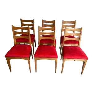 Circa 1950 French Oak and Red Velvet Chairs - Set of 6