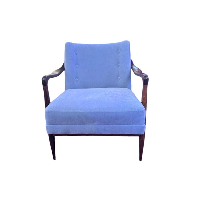 Mid Century Modern Sculptural Walnut Lounge Chair in the Style of Gio Ponti Newly Repholstered in a Light Blue Mohair The...