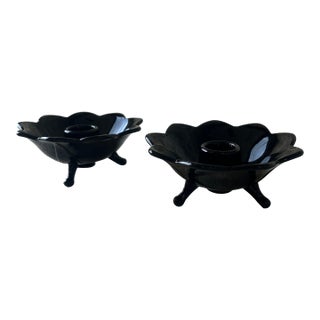 Vintage Black Glass Lotus Candle Holders – Footed Pair For Sale