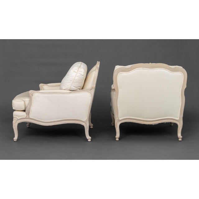 Wood Louis XV Style White Upholstered Bergeres, Pair For Sale - Image 7 of 8
