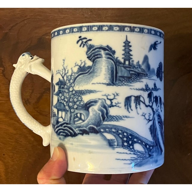 Large Antique 18th Century Chinese Export Blue & White Porcelain Tankard Mug For Sale - Image 4 of 12