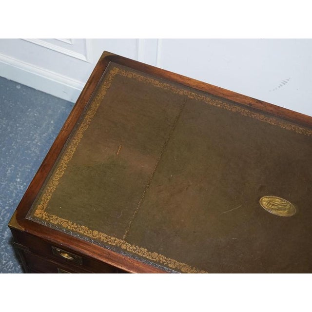 Gold Military Campaign Twin Pedestal Desk with Aged Green Leather Top from Bevan Funell For Sale - Image 8 of 14