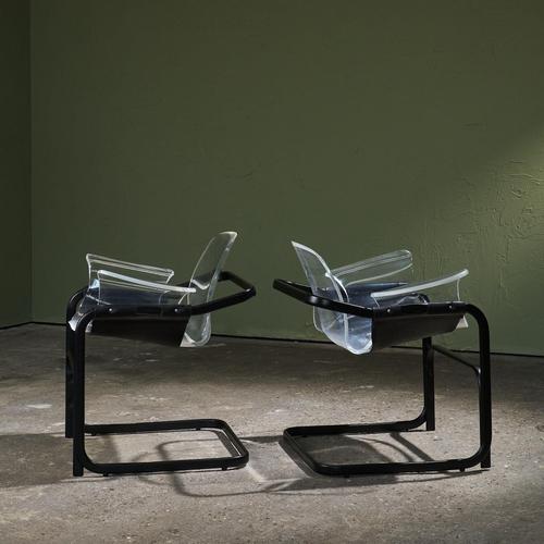 Animal Skin Cantilever Lounge Chairs in Acrylic, Leather and Steel by Paolo Tilche for Arform Brasil, 1970s, Set of 2 For Sale - Image 7 of 13