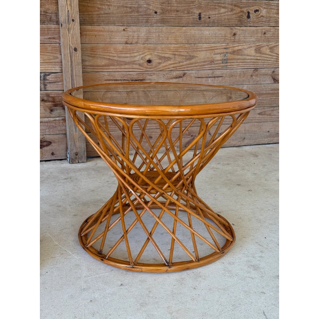 Contemporary Mid-20th Century Coastal Rattan Hourglass Side Tables-Pair For Sale - Image 3 of 12